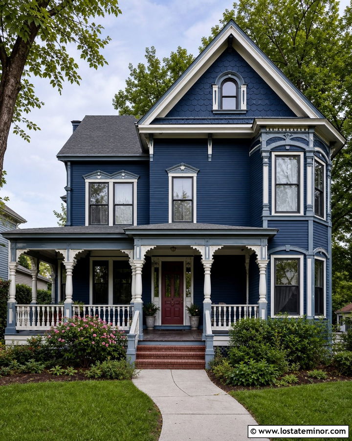 Midnight Blue Victorian With Decorative White Porch Columns - 30 Midnight Blue House Design With Porch Columns Ideas