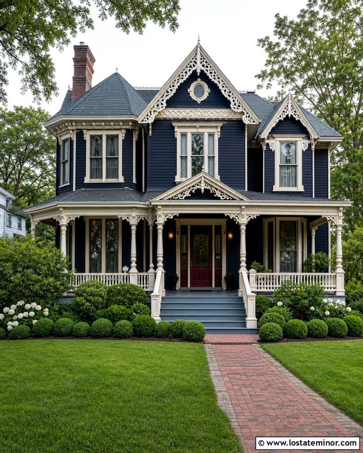 Midnight Blue Victorian With Detailed Front Porch - 30 Midnight Blue House Design With Front Porch Ideas
