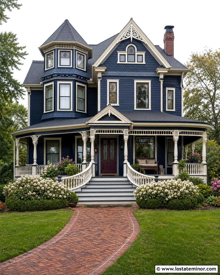 Midnight Blue Victorian With Painted Wood Steps - 30 Midnight Blue House Design With Steps Ideas
