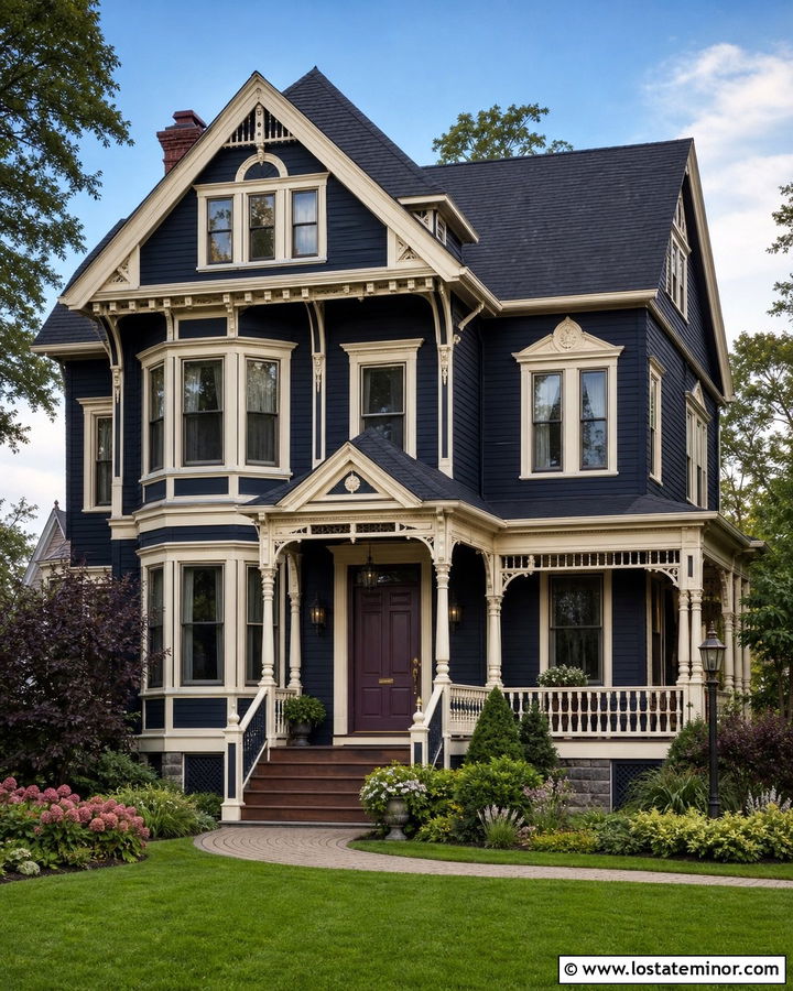 Midnight Blue Victorian With Plum Entry Door - 30 Midnight Blue House Design With Entry Door Ideas