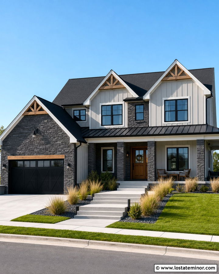 Mindful Gray House With Charcoal Ledgestone - 30 Greige House Design With Stone Accents Ideas