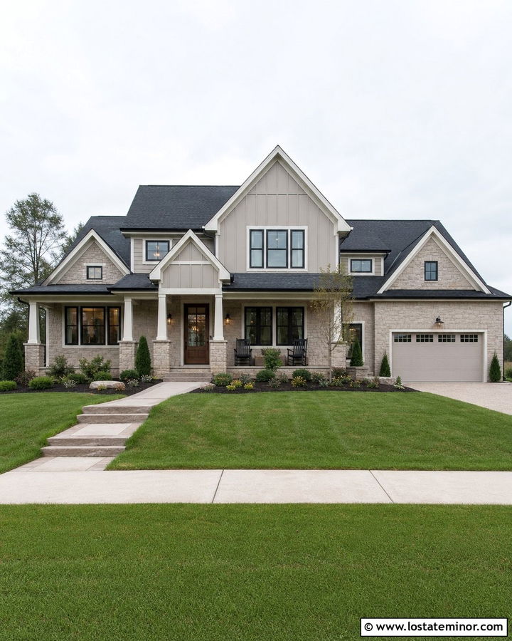 Mixed Stone House With Board And Batten Gables - 30 Stone House Design With Gables Ideas