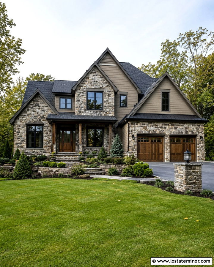 Mixed Stone House With Coordinated Accents - 30 Stone House Design With Accents Ideas