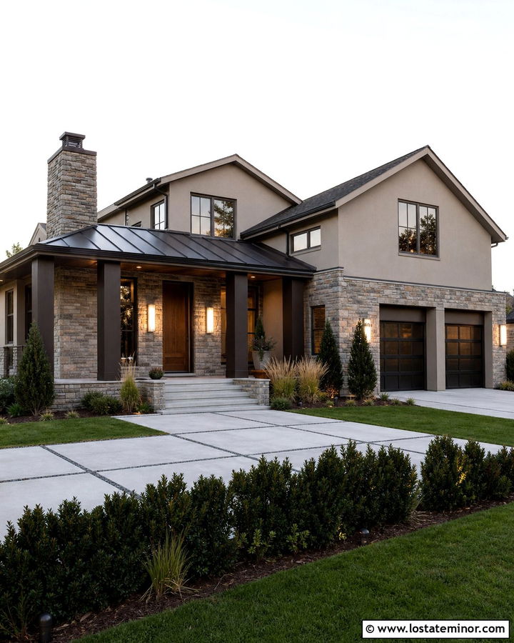 Mixed Stone House With Dark Porch Columns - 30 Stone House Design With Porch Columns Ideas