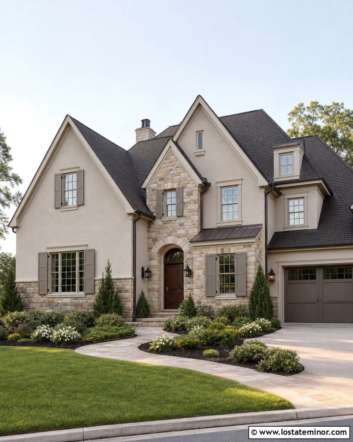 Mixed Stone House With Greige Shutters - 30 Stone House Design With Shutters Ideas