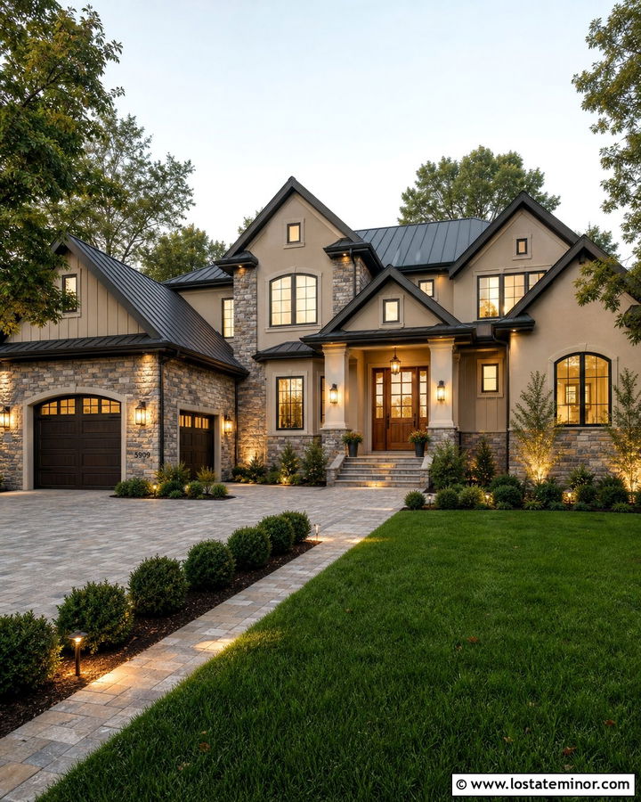 Mixed Stone House With Layered Lighting - 30 Stone House Design With Light Fixtures Ideas