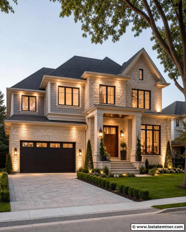 Mixed Stone House With Smart Exterior Lighting - 30 Stone House Design With Lighting Ideas