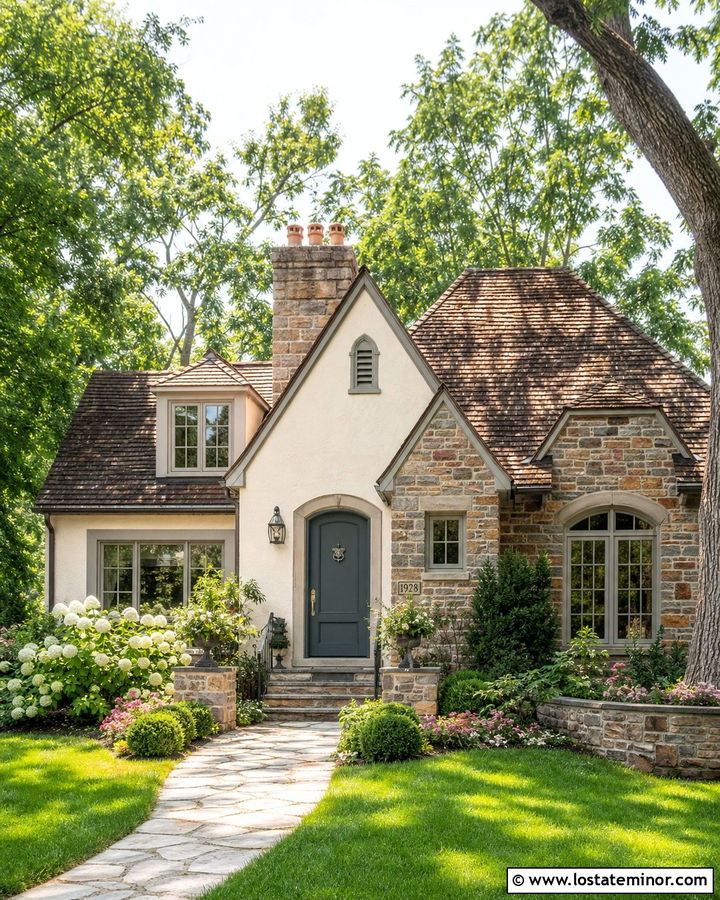 Mixed Stone House With Teal Front Door - 30 Stone House Design With Front Door Ideas
