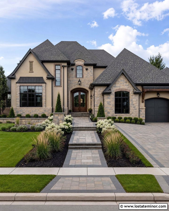 Mixed Stone House With Two Tone Paver Walkway - 30 Stone House Design With Walkway Ideas