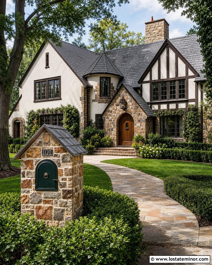 Mixed Stone Tudor House With Green Mailbox - 30 Stone House Design With Mailbox Ideas