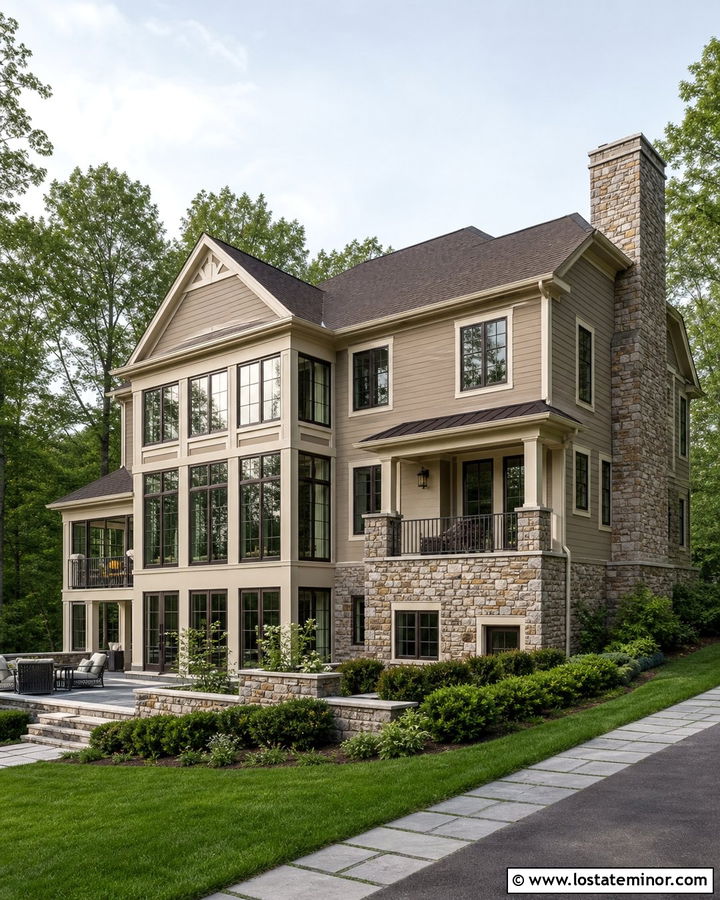 Mocha Tan Two Story House With Two Level Sunroom - 30 Tan House Design With Sunroom Ideas