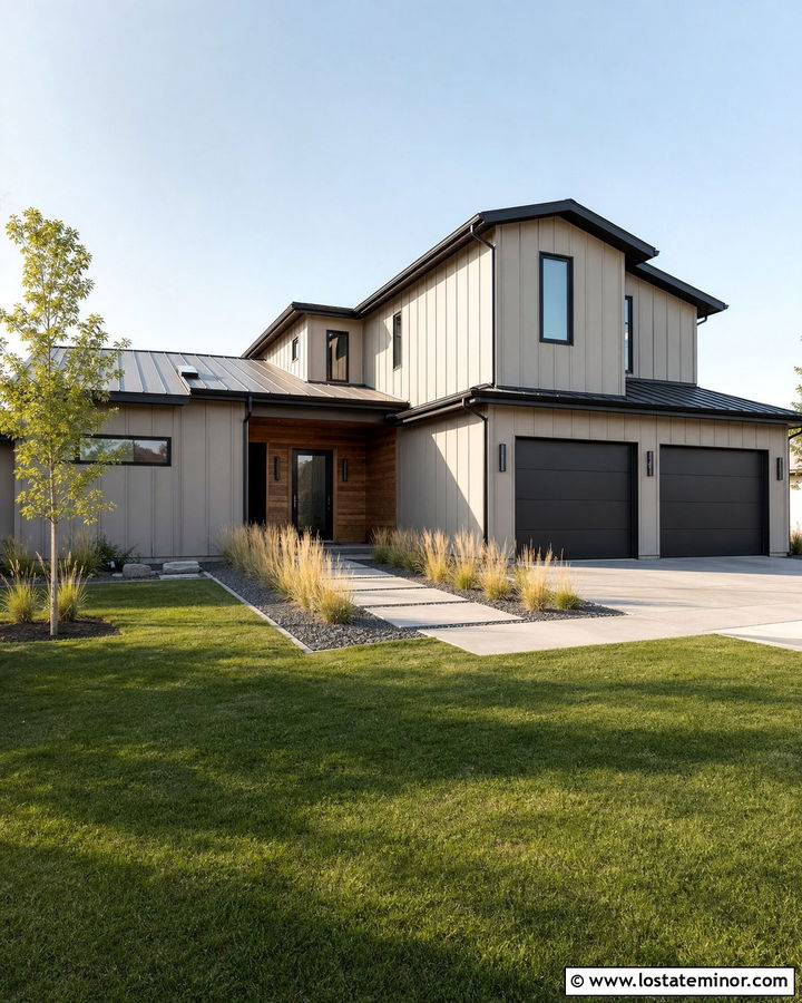 Modern Beige Board And Batten With Black Windows - 30 Beige House Design With Board and Batten Ideas