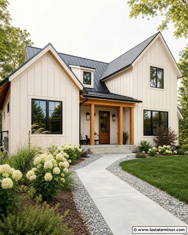 Modern Beige Farmhouse With Wood Accents - 30 Beige House Design With Accents Ideas