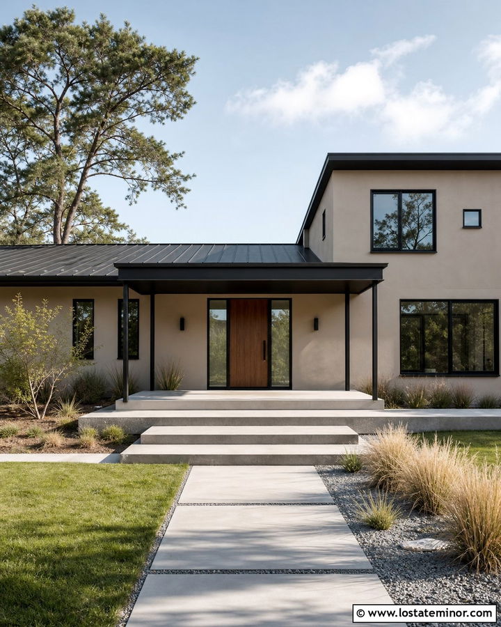 Modern Beige House With Black Front Porch - 30 Beige House Design With Front Porch Ideas