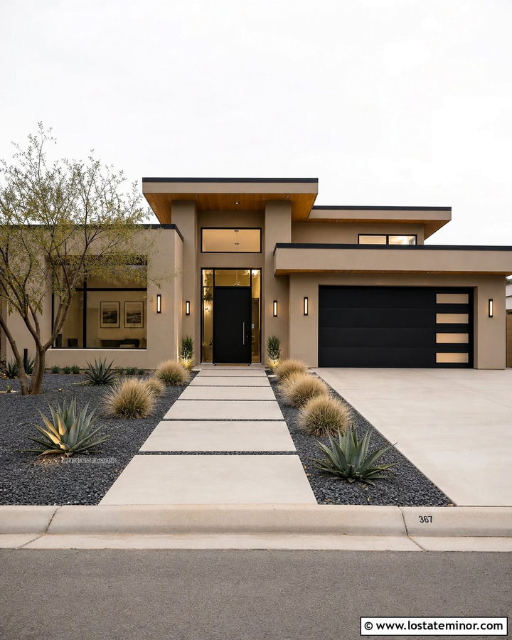 Modern Beige House With Large Concrete Walkway - 30 Beige House Design With Walkway Ideas