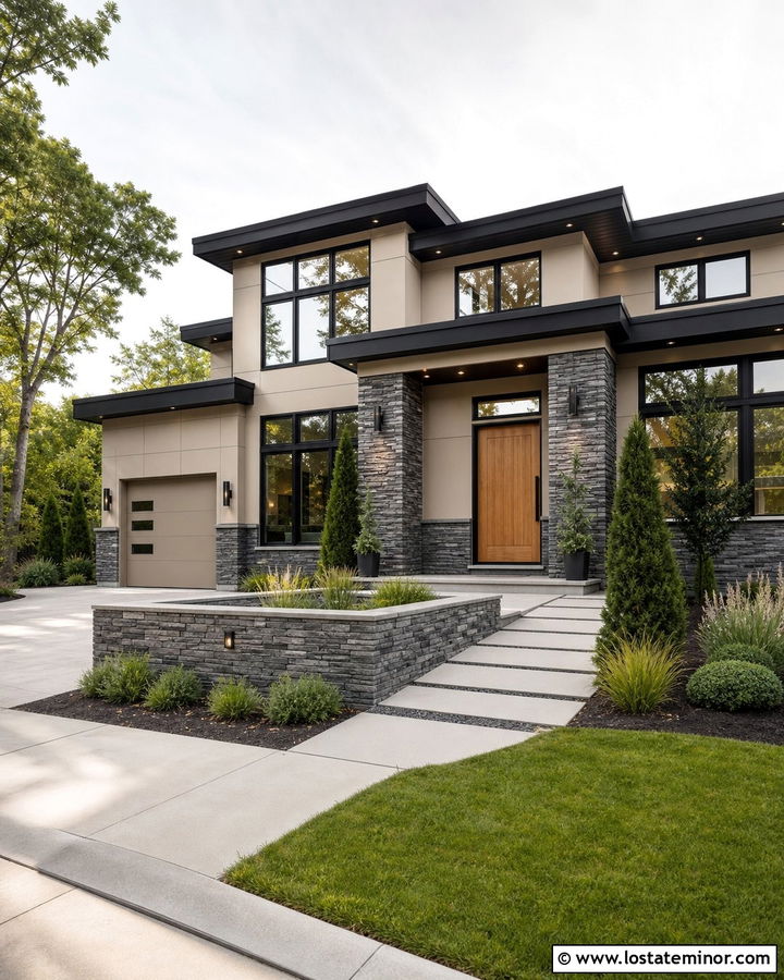 Modern Beige House With Stone Wainscoting - 30 Beige House Design With Wainscoting Ideas