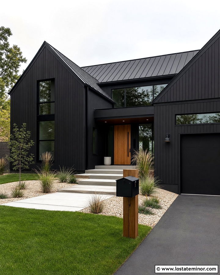 Modern Black House With Cedar Mailbox - 30 Black House Design With Mailbox Ideas
