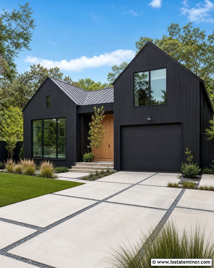 Modern Black House With Concrete Driveway - 30 Black House Design With Driveway Ideas
