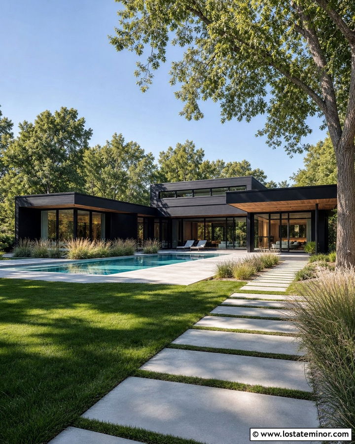 Modern Black House With Rectangular Pool - 30 Black House Design With Swimming Pool Ideas