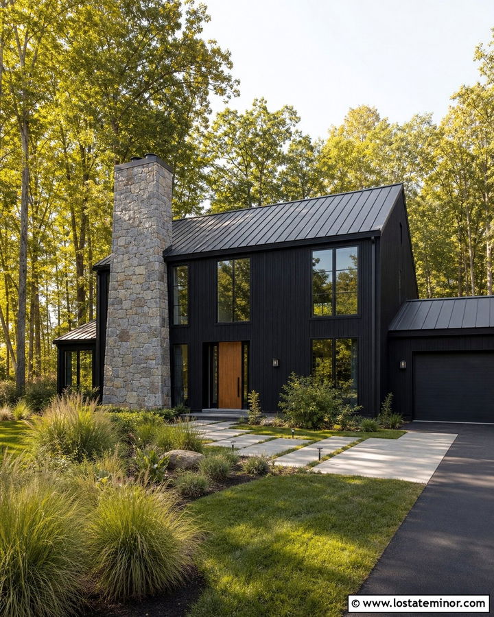 Modern Black House With Stone Chimney - 30 Black House Design With Chimney Ideas