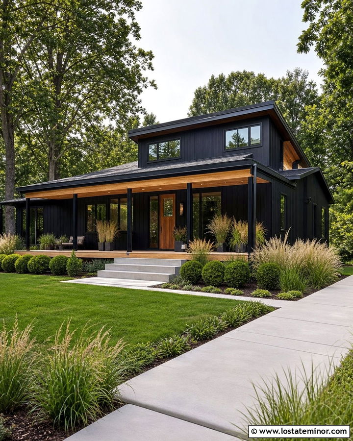 Modern Black House With Wood Front Porch - 30 Black House Design With Front Porch Ideas