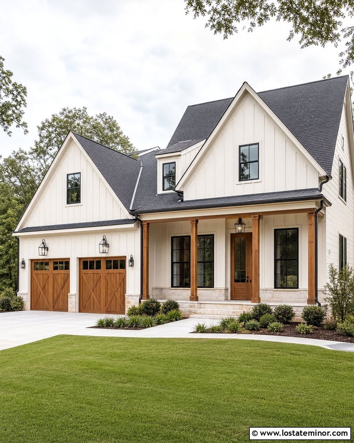 Modern Farmhouse Off White House With Garage Door - 30 Off White House Design With Garage Door Ideas