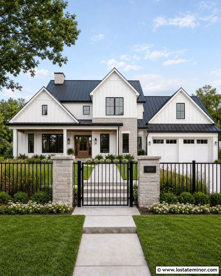 Modern Farmhouse Stone House With Black Fence - 30 Stone House Design With Fence Ideas