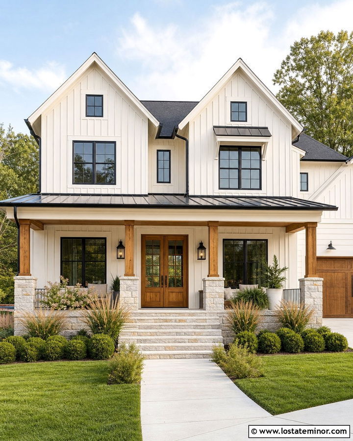 Modern Farmhouse With Stone Front Porch Base - 30 Stone House Design With Front Porch Ideas