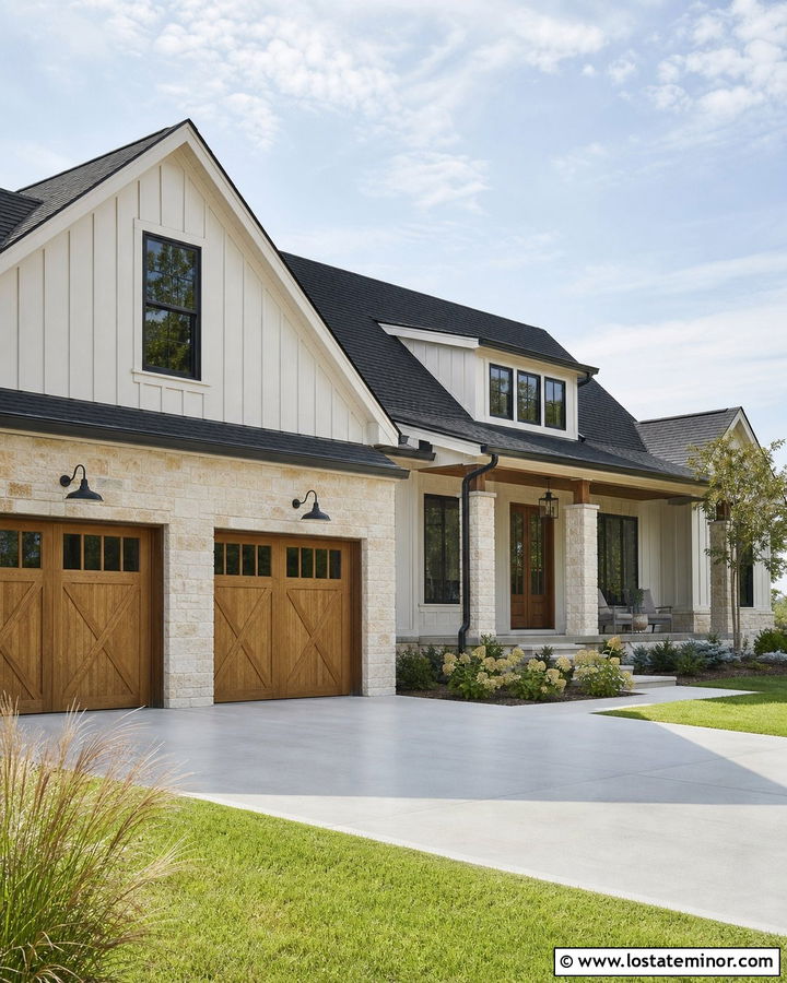 Modern Farmhouse With Stone Garage Accent - 30 Stone House Design With Stone Accents Ideas