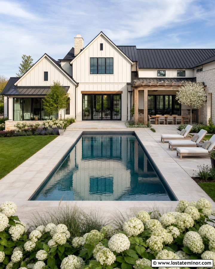 Modern Farmhouse With Stone Pool Terrace - 30 Stone House Design With Swimming Pool Ideas