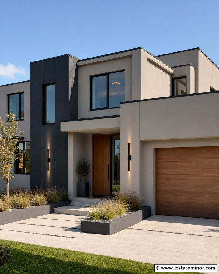 Modern Gray House With Linear LED Sconces - 30 Greige House Design With Light Fixtures Ideas