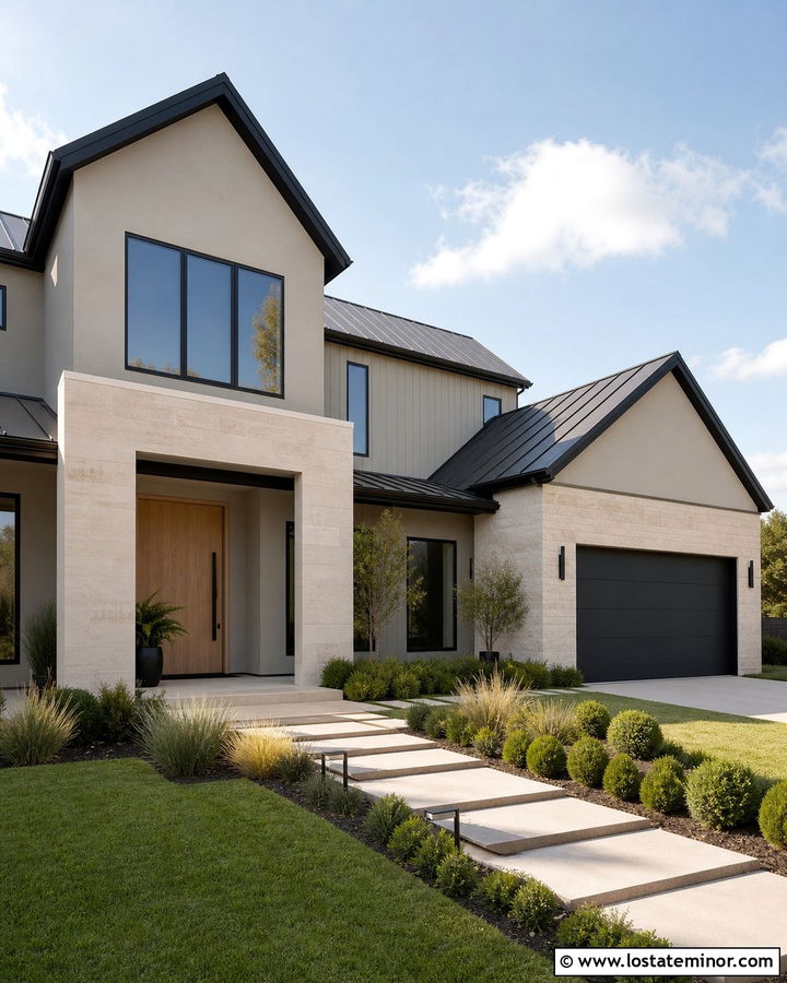 Modern Gray House With Stone Porch Walls - 30 Greige House Design With Stone Accents Ideas