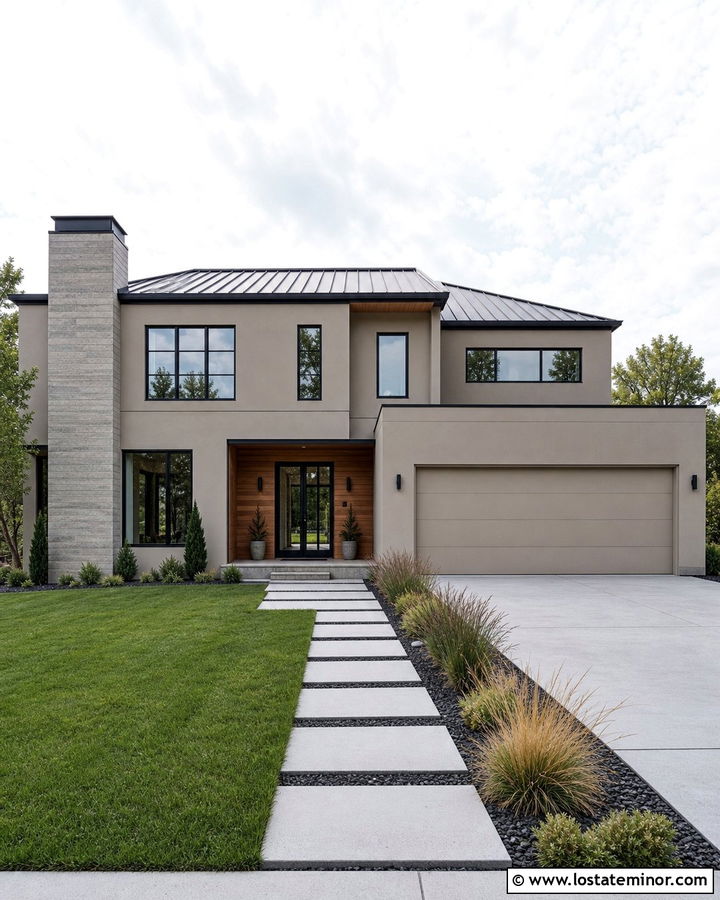 Modern Greige House With Concrete Chimney - 30 Greige House Design With Chimney Ideas