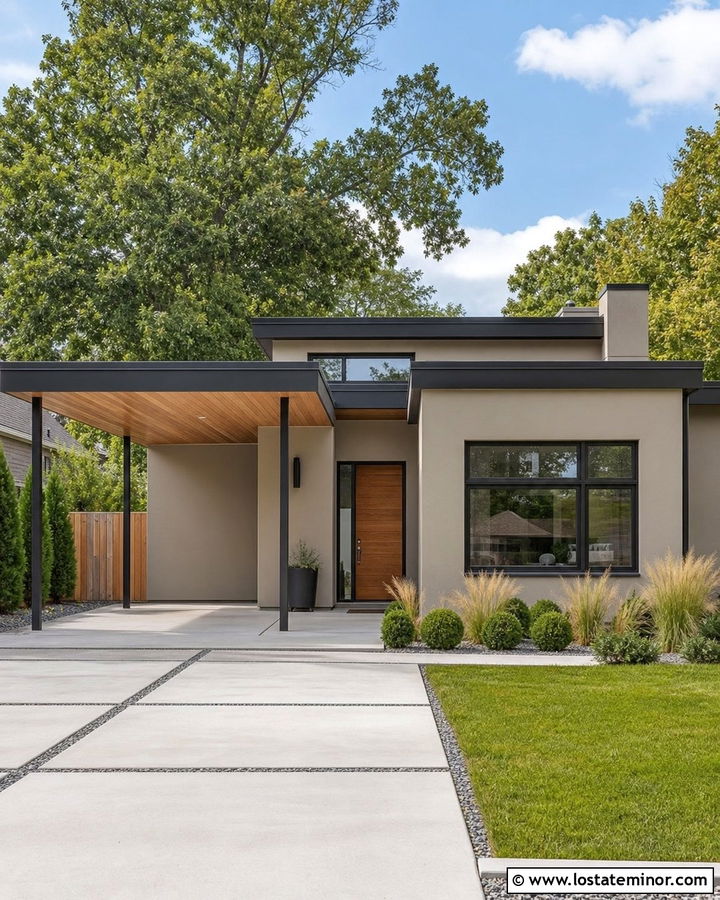 Modern Greige House With Flat Roof Carport - 30 Greige House Design With Carport Ideas