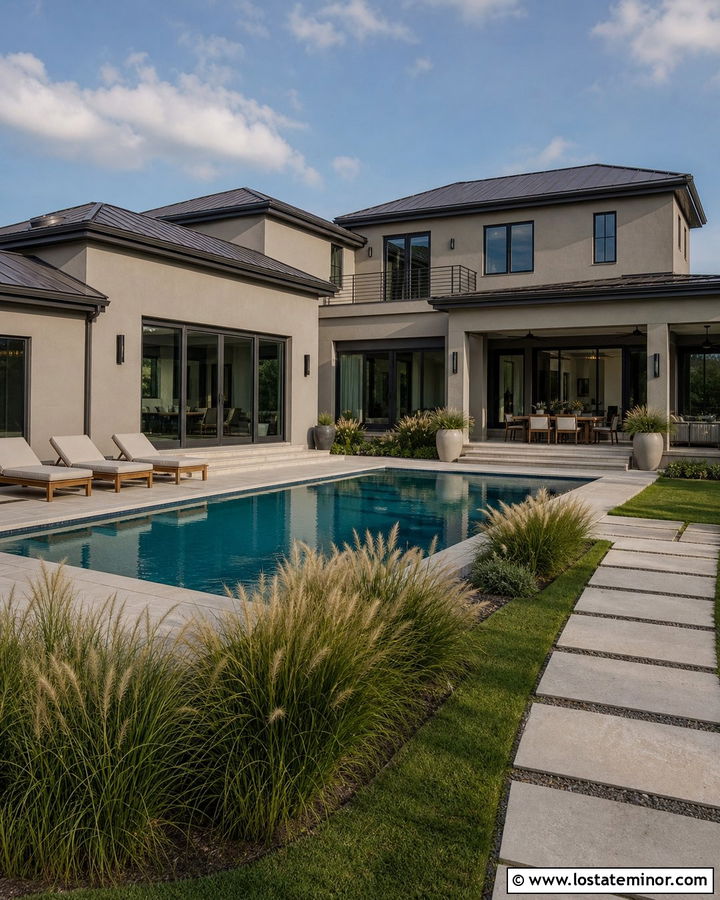 Modern Greige House With Rectangular Pool - 30 Greige House Design With Swimming Pool Ideas