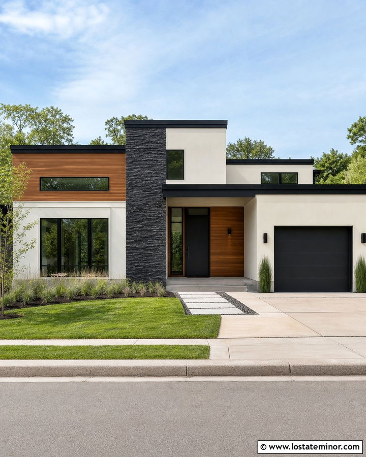 Modern House With Charcoal Stone Accent Wall - 30 Stone House Design With Stone Accents Ideas