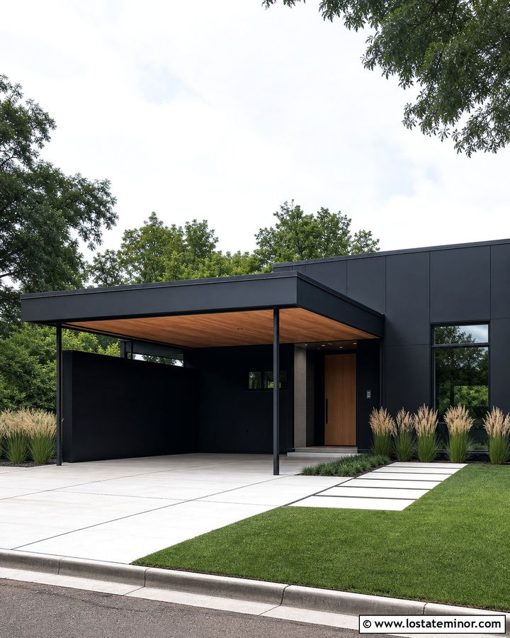 Modern Jet Black House With Flat Roof Carport - 30 Jet Black House Design With Carport Ideas