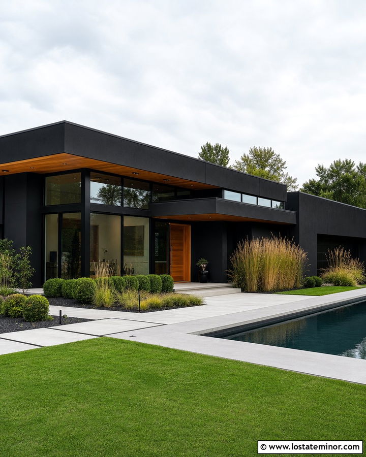 Modern Jet Black House With Rectangular Pool - 30 Jet Black House Design With Swimming Pool Ideas