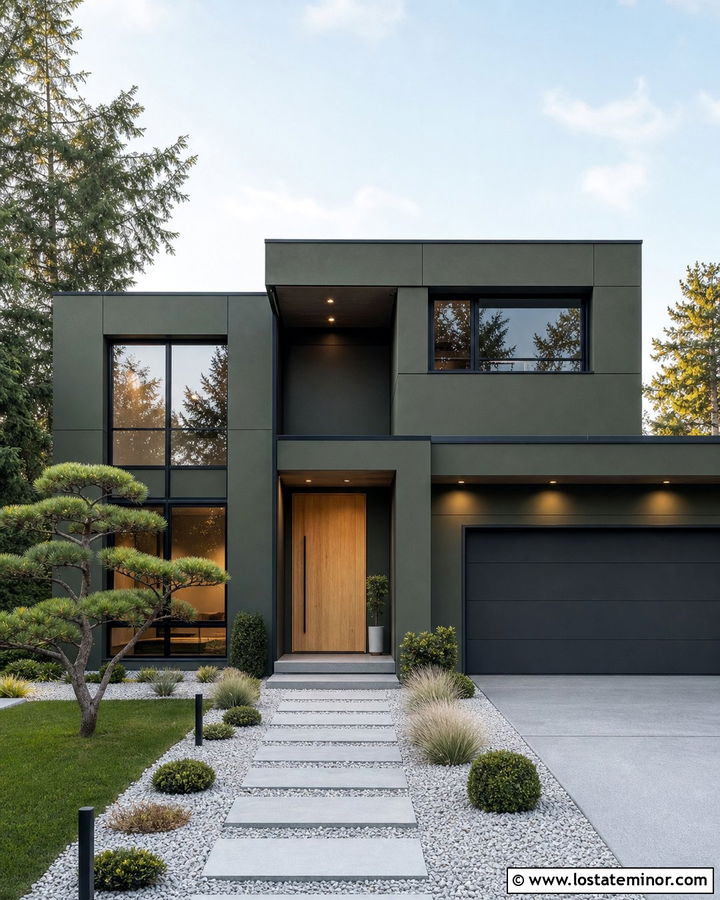 Modern Moss Green House With Gravel Landscaping - 30 Moss Green House Design With Landscaping Ideas