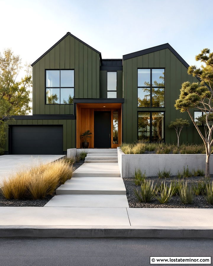 Modern Olive Green House With Oversized Black Windows - 30 Olive Green House Design With Window Frames Ideas