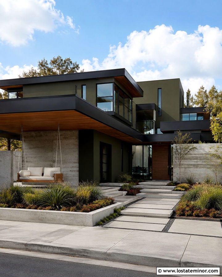 Modern Olive Green House With Platform Swing - 30 Olive Green House Design With Swing Ideas