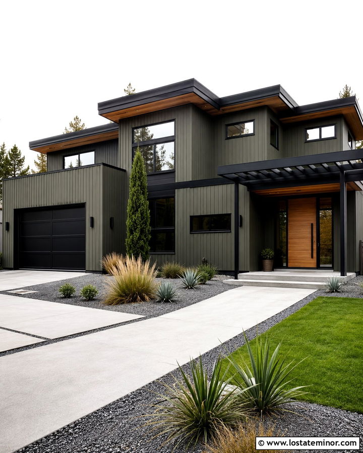 Modern Olive Green House With Steel Pergola - 30 Olive Green House Design With Pergola Ideas