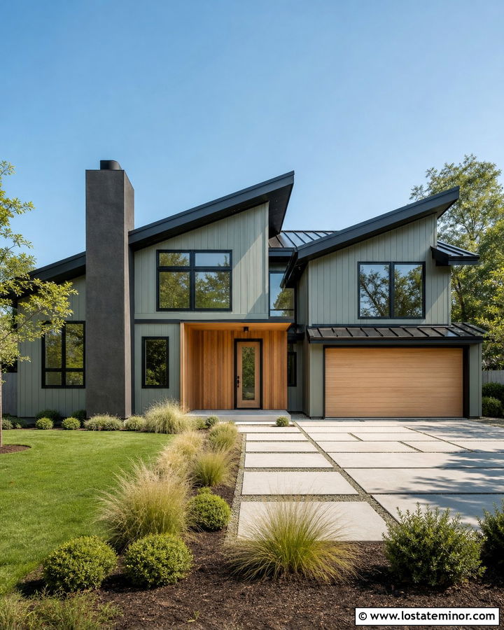 Modern Sage Green House With Slim Chimney - 30 Sage Green House Design With Chimney Ideas