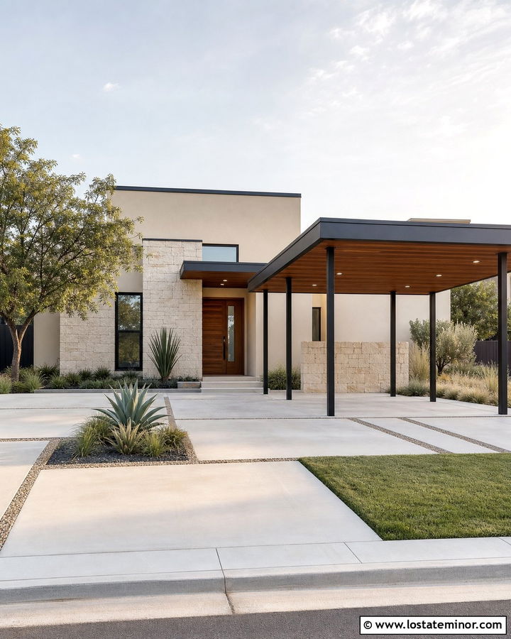 Modern Sand House With Flat Roof Carport - 30 Sand House Design With Carport Ideas