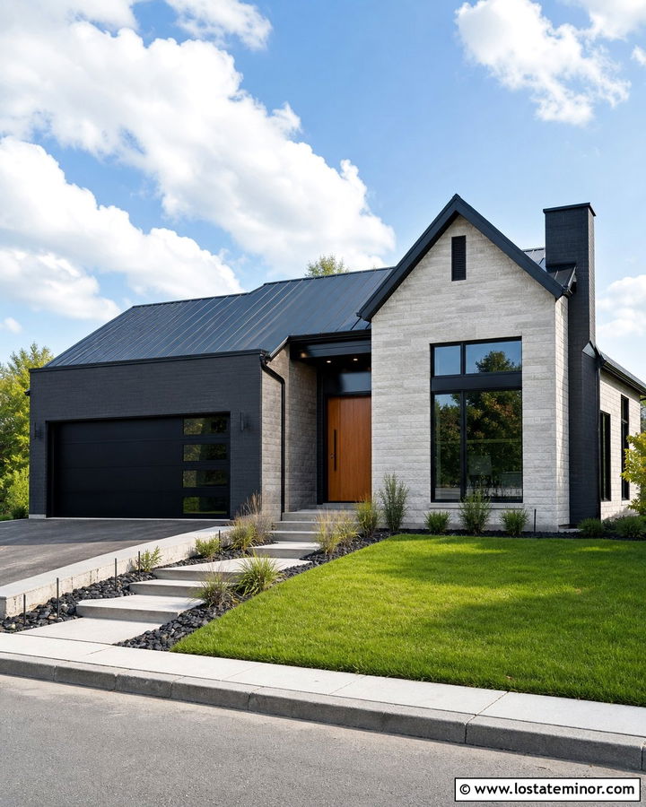 Modern Stone House With Black Brick Accents - 30 Stone House Design With Brick Accents Ideas