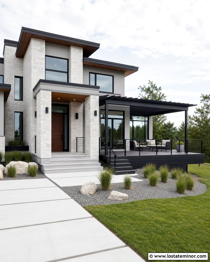 Modern Stone House With Black Deck - 30 Stone House Design With Deck Ideas