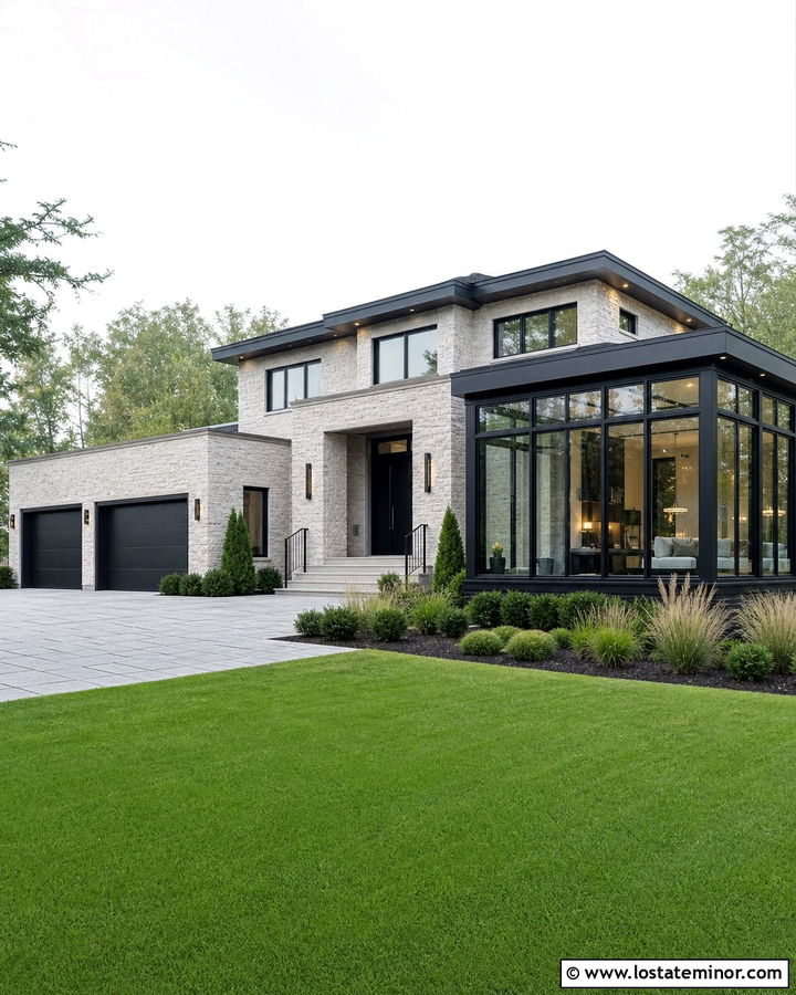 Modern Stone House With Black Frame Sunroom - 30 Stone House Design With Sunroom Ideas