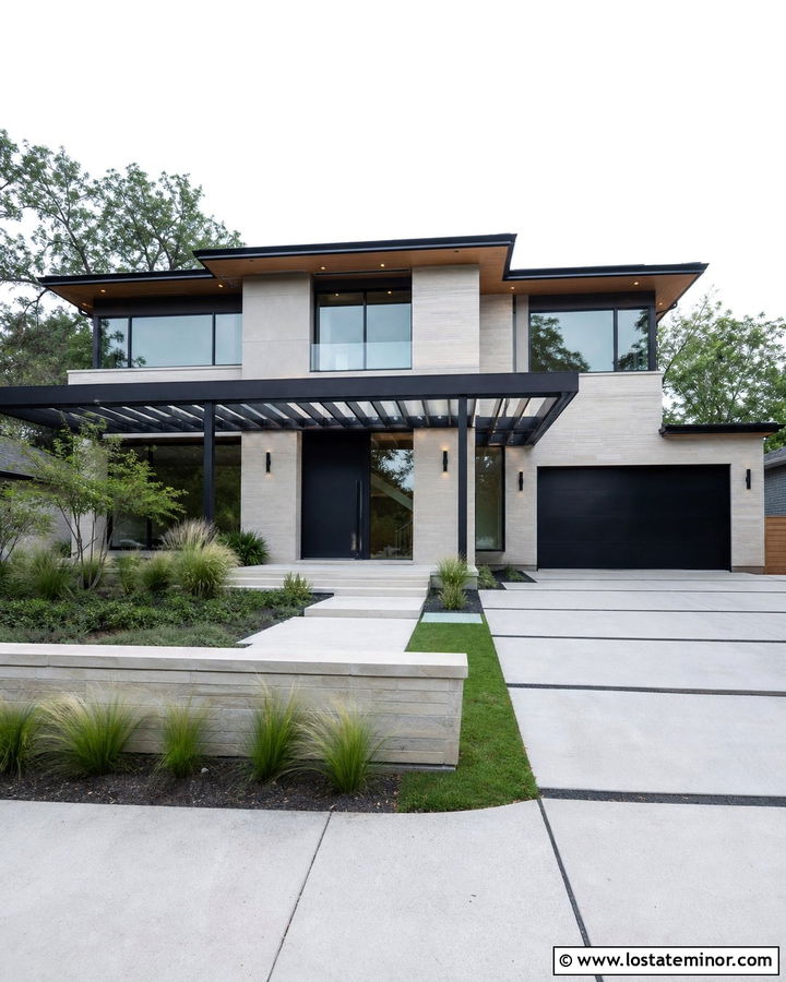 Modern Stone House With Black Metal Pergola - 30 Stone House Design With Pergola Ideas
