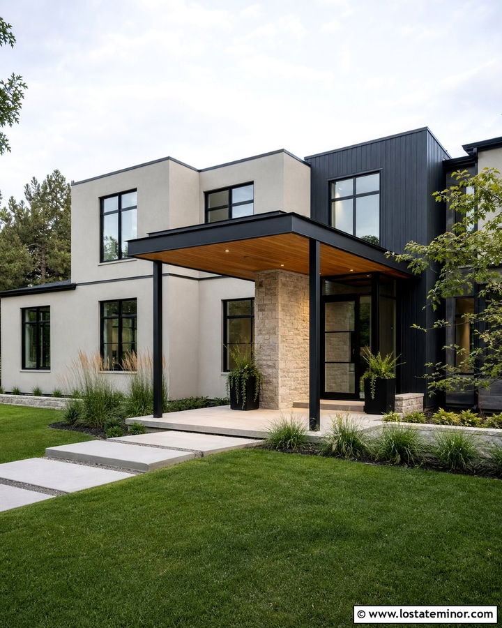 Modern Stone House With Black Porch Columns - 30 Stone House Design With Porch Columns Ideas