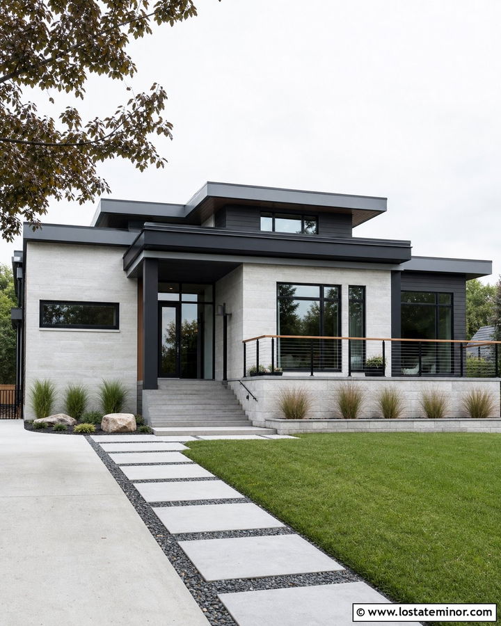 Modern Stone House With Cable Railings - 30 Stone House Design With Railings Ideas